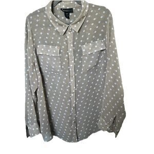 LANE BRYANT Women's Long Sleeve Shirt Taupe White Polka Dot Semi-Sheer 18/20